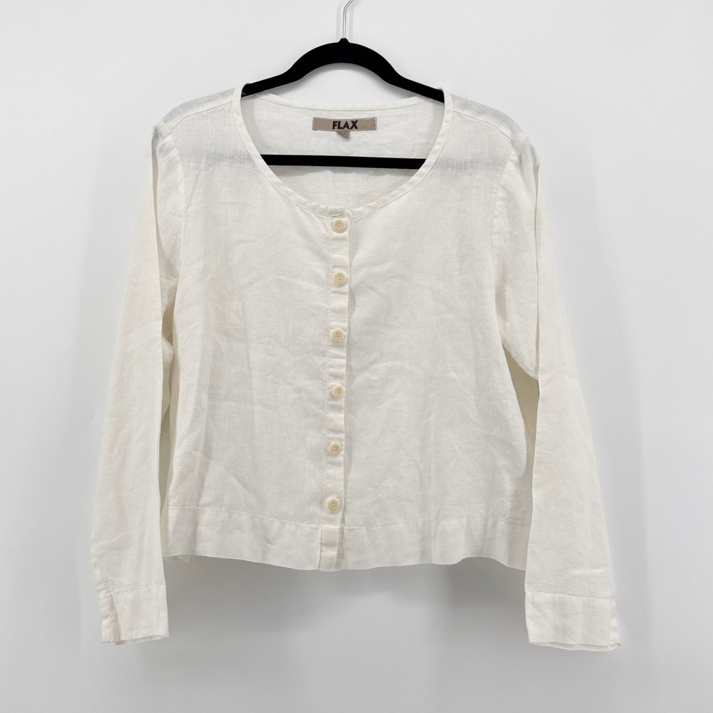 FLAX White 100% Linen Button Down Long Sleeve Blouse Cardigan Small Lithuania